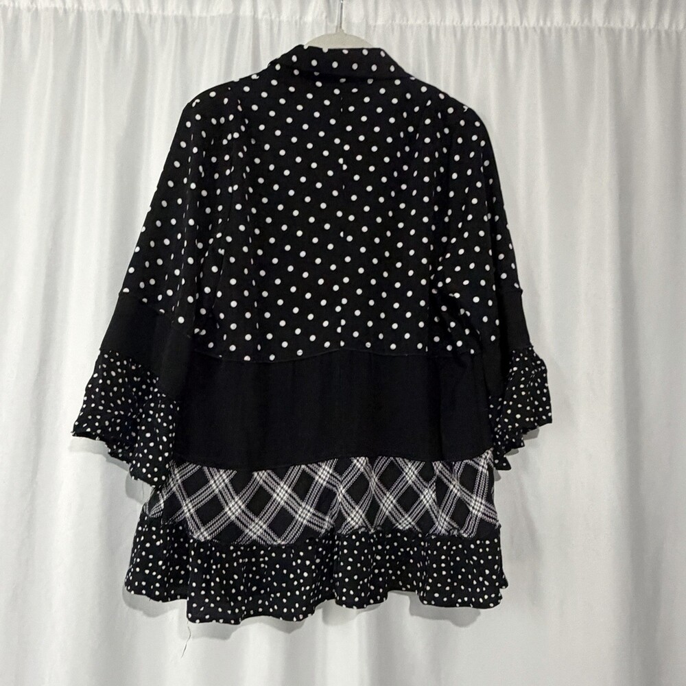 Caleooa Mixed Print Tunic Blouse Sz PL Black White Polka Dot Plaid Tiered Ruffle - Picture 6 of 11